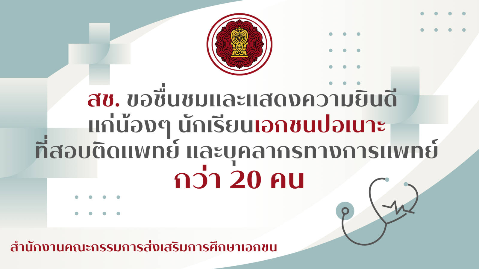 สช. ขอชื่นชมและแสดงความยินดี แก่น้องๆ นักเรียนเอกชนปอเนาะ ที่สอบติดแพทย์ และบุคลากรทางการแพทย์ กว่า 20 คน