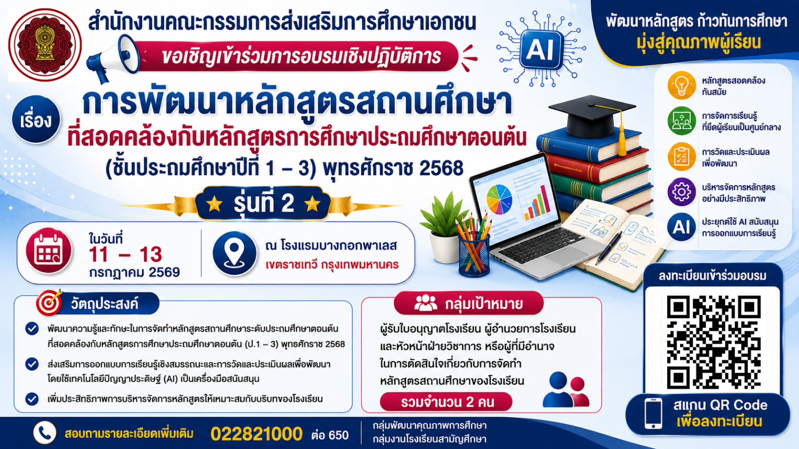 การอบรมเชิงปฏิบัติการ เรื่อง การพัฒนาหลักสูตรสถานศึกษาที่สอดคล้องกับหลักสูตรการศึกษาประถมศึกษาตอนต้น (ชั้นประถมศึกษาปีที่ 1 – 3) พุทธศักราช 2568 รุ่นที่ 2