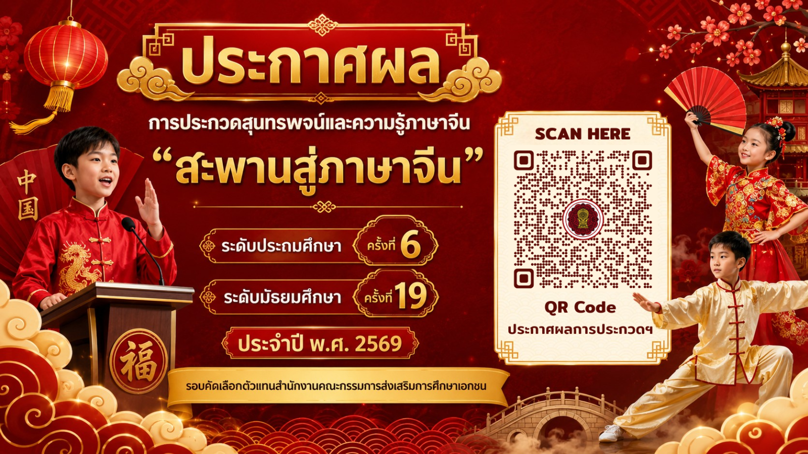 ประกาศผลการประกวดสุนทรพจน์และความรู้ภาษาจีน “สะพานสู่ภาษาจีน”  (ระดับประถมศึกษาและมัธยมศึกษา) ประจำปี พ.ศ. 2569 รอบคัดเลือกตัวแทนสำนักงานคณะกรรมการส่งเสริมการศึกษาเอกชน