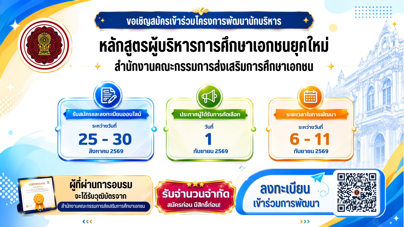 ประกาศรับสมัครเข้ารับการพัฒนาหลักสูตรผู้บริหารการศึกษาเอกชนยุคใหม่ สำนักงานคณะกรรมการส่งเสริมการศึกษาเอกชน